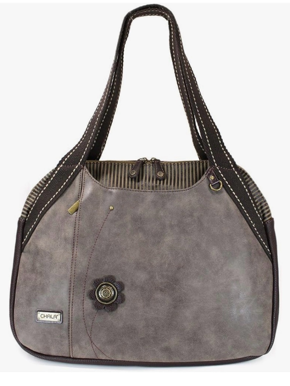 Chala Brown Faux Leather Stripe Textile Double Handle Large Shoulder Tote Bag